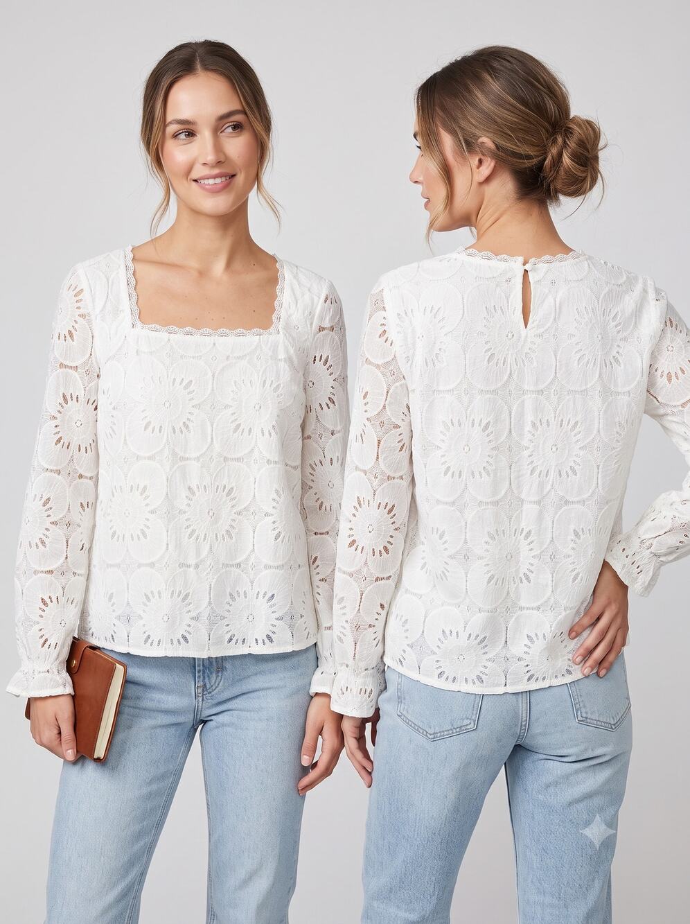 Uncoyee XL White Square Neck Delicate Floral Eyelet Top